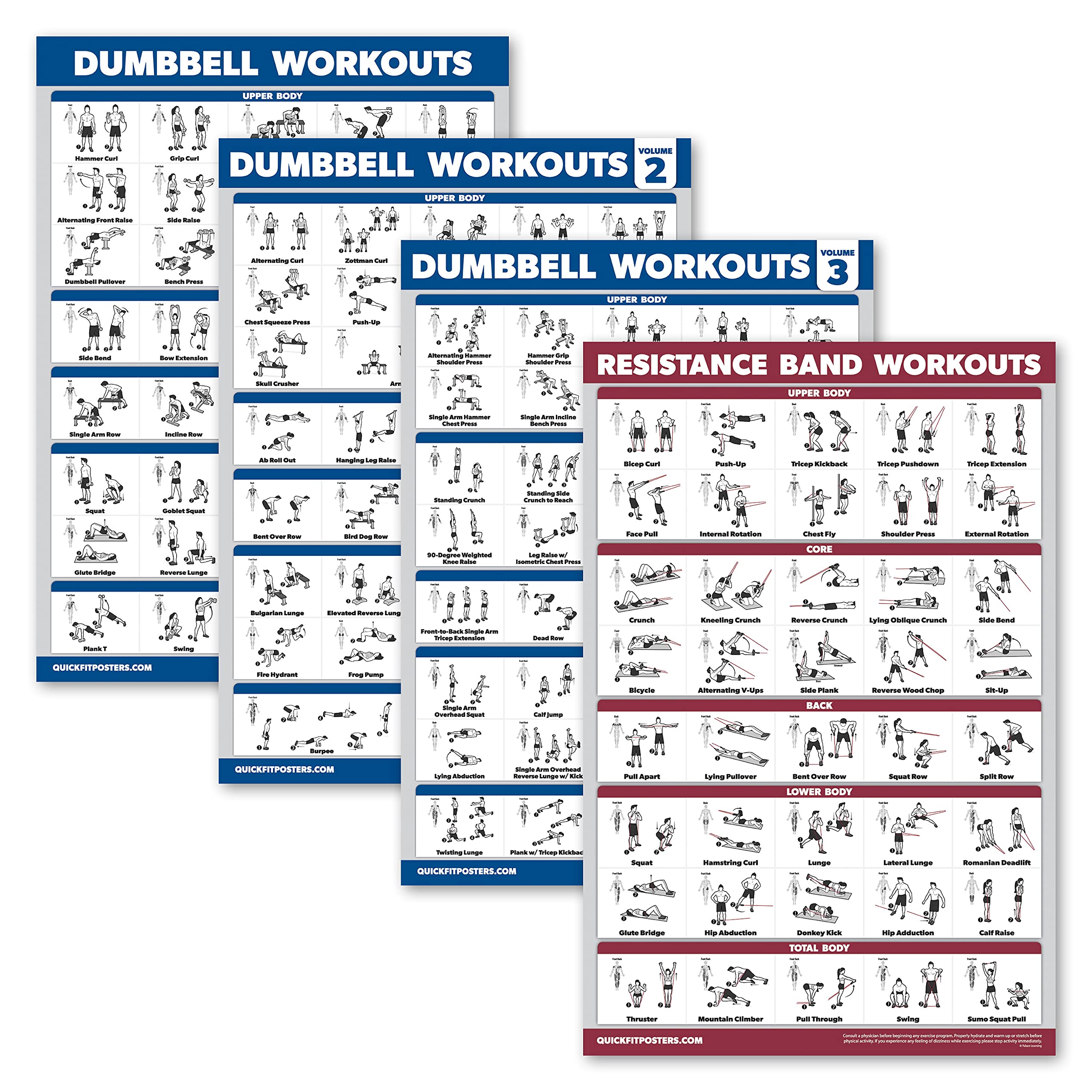 Dumbbell Workout Posters & Resistance Band Exercise Charts - 4 Pack Fitness Guide for Home Gym, Strength Training & Muscle Building | Includes Vol 1, 2, 3 + Band Workouts | Perfect for Beginners & Advanced Athletes