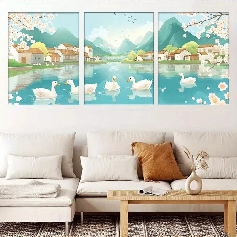 3pcs Serene Ducks on Tranquil River Wall Art Set - Framed Canvas 50x70cm - High Quality Print - 100% Australian Made - Ready to Hang - Perfect for Living Room, Bedroom & Office Decor