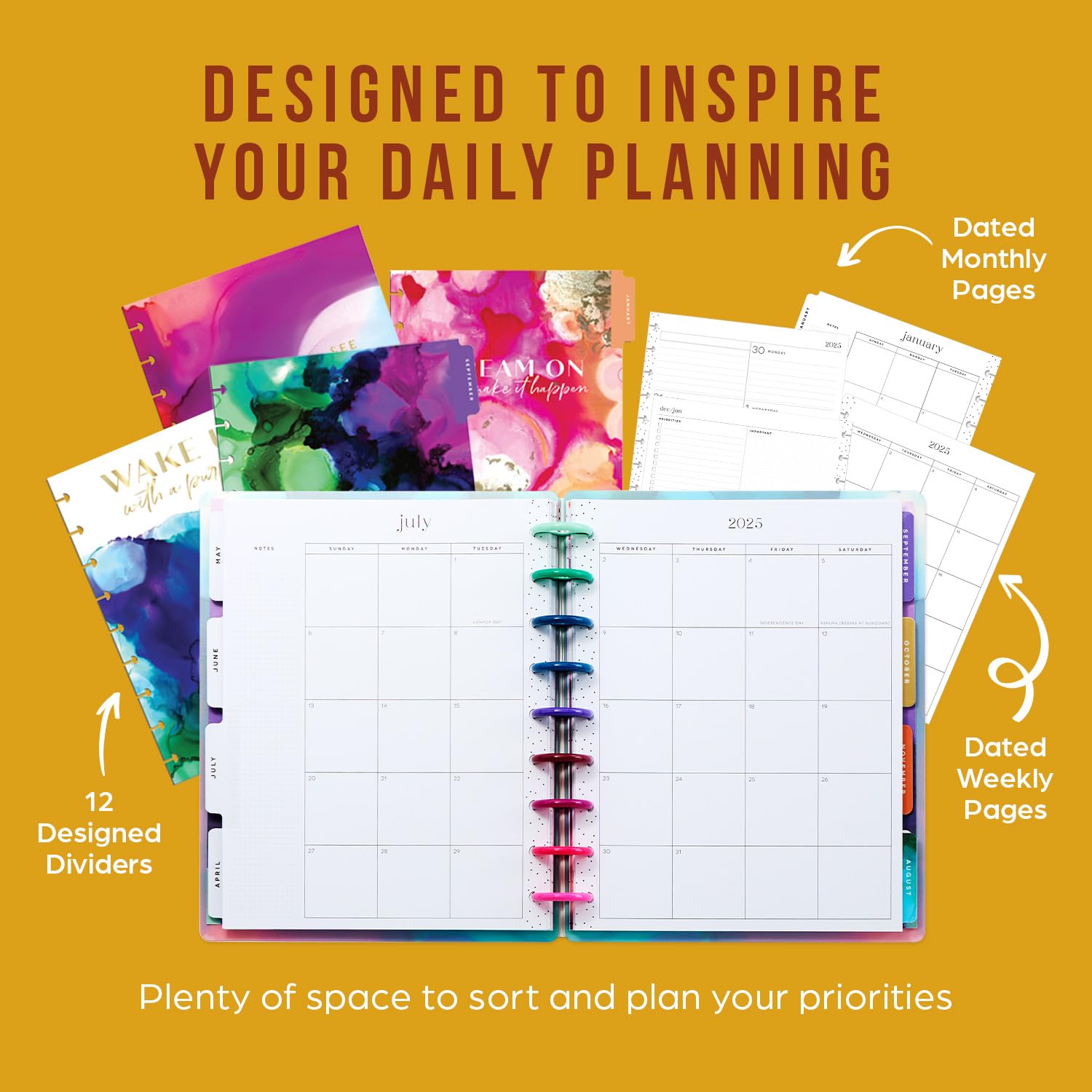 Happy Planner 2025 Disc-Bound 12-Month Planner - Daily Weekly Monthly Organizer with Stickers, Classic Size 7