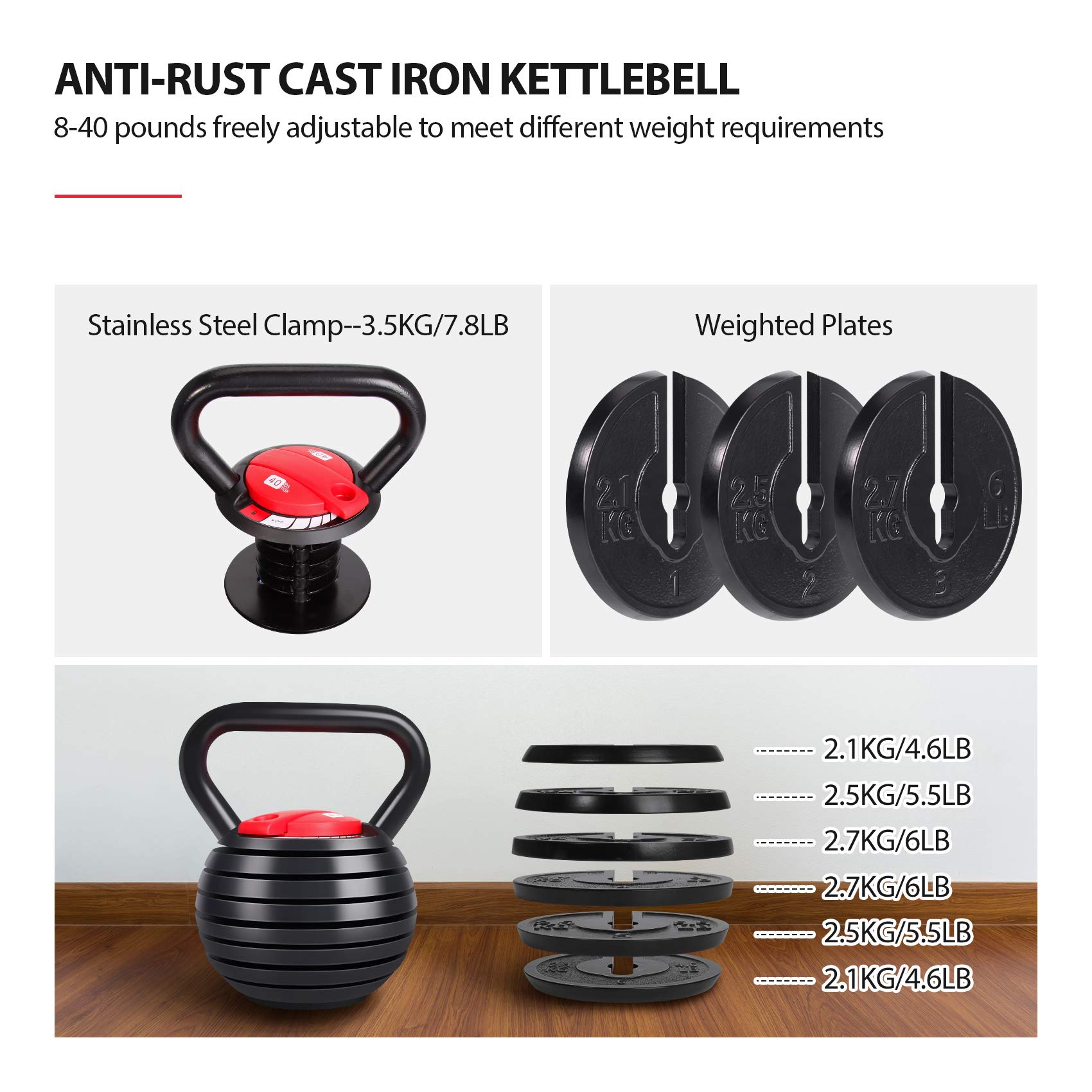TopMade Adjustable Kettlebell Weights Set - 5lb, 8lb, 9lb, 12lb Cast Iron Free Weights for Home Gym - Strength Training, Core Workouts & Ballistic Exercises - Perfect for Men & Women Fitness Enthusiasts