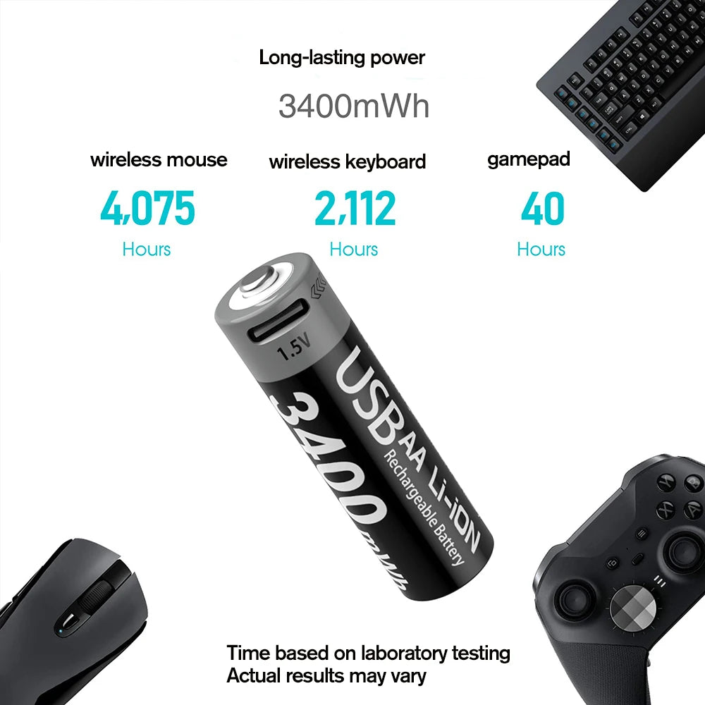 MATOV USB Rechargeable AA & AAA Lithium Ion Batteries - 3400mWh 1.5V AA Battery + 1100mWh 1.5V AAA Battery Pack for Cameras, Flashlights, Toys & Electronics
