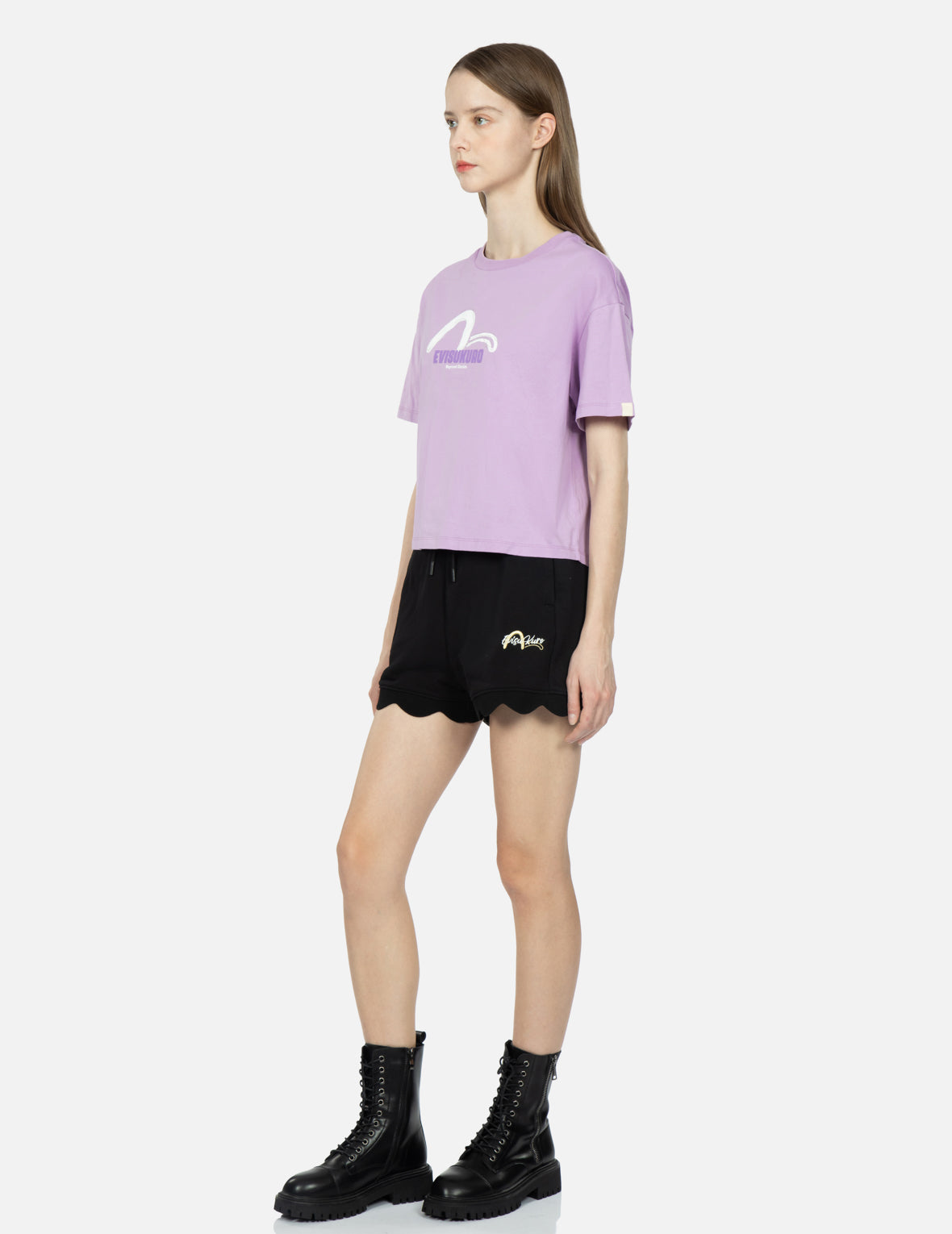Stylish Logo & Seagull Embroidered Scallop Hem Sweatshorts for Women | Trendy Casual Shorts for Summer, Beach, and Lounge Wear
