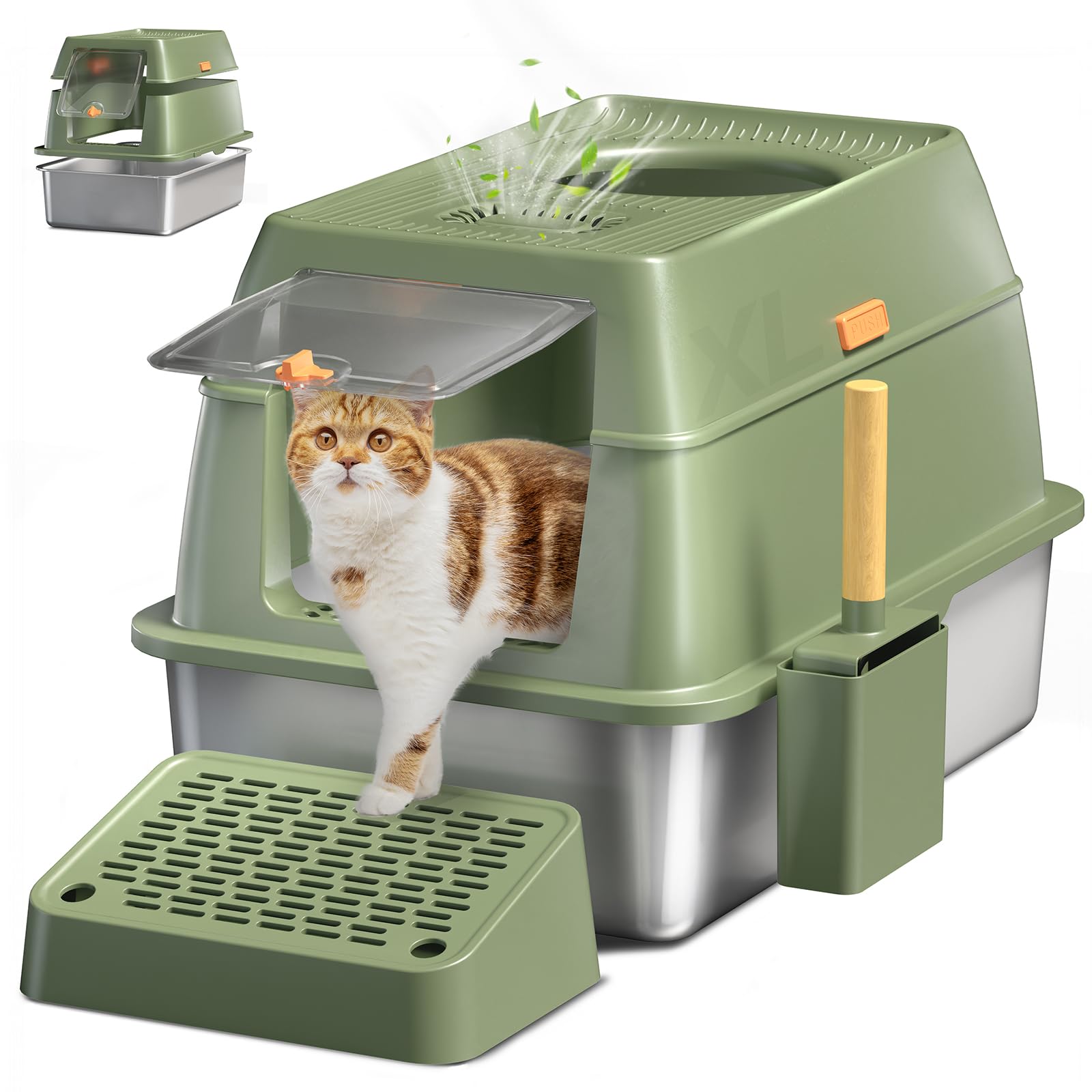 Eosarcu XXL Stainless Steel Covered Cat Litter Box with Removable Lid & Carbon Filters - Odor Control, Leak Proof, Easy Clean Large Enclosed Litter Box for Multiple Cats - Perfect for Homes with Big Cats or Multiple Pets (Green)