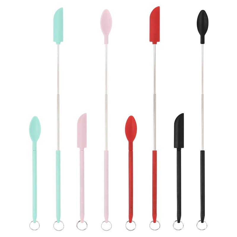 QIANGGE Mini Silicone Telescopic Spatula & Scooping Spoon Set - Heat-Resistant Kitchen Utensils for Cooking, Baking & Makeup Application with Hanging Buckle (Red) - Perfect for Small Jars, Mixing Bowls & Travel Kitchens