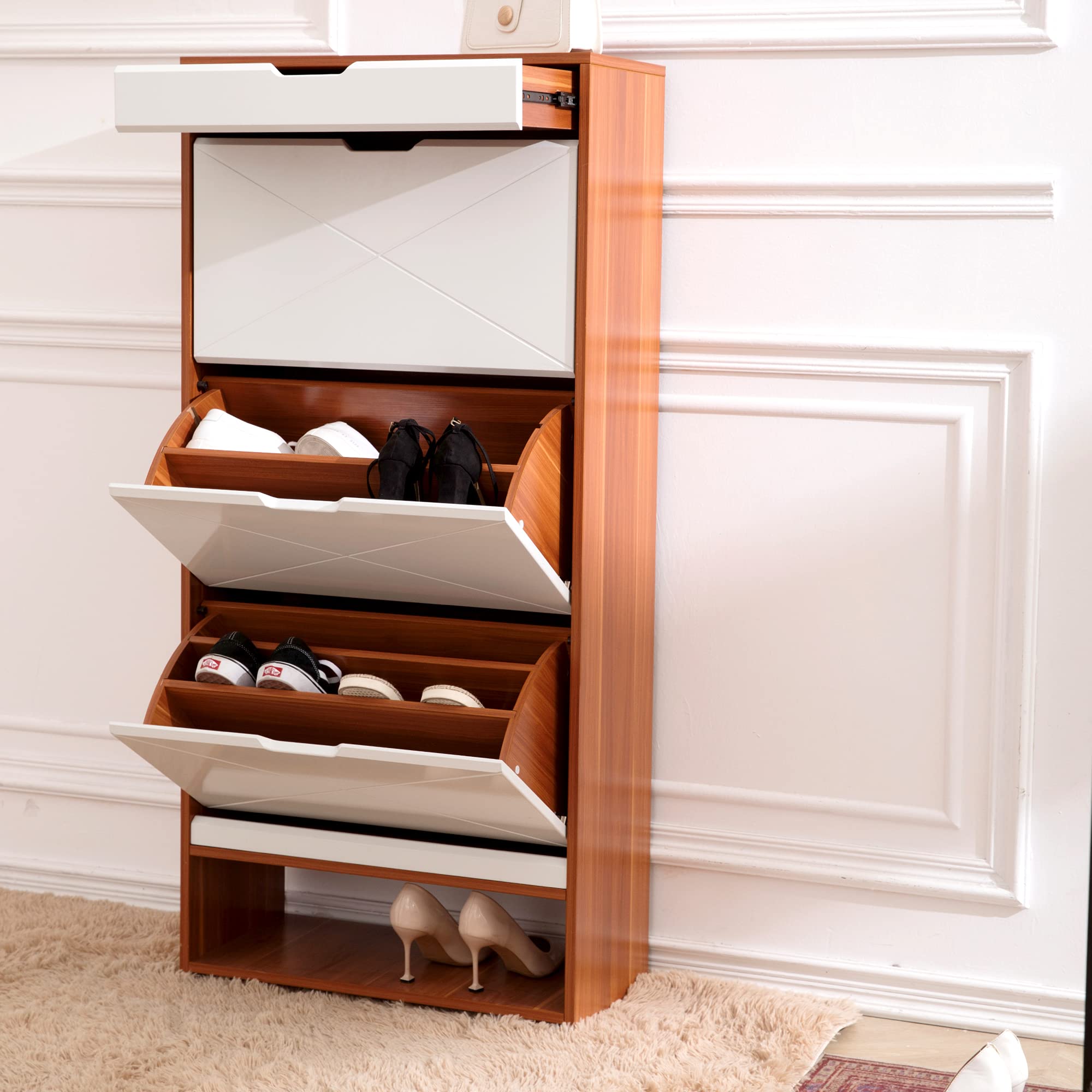 HONOOR Wooden Shoe Storage Cabinet with Doors, Shelves & 4 Fold-Out Drawers - Shoe Organizer for Entryway, Bedroom, Mudroom - Perfect for Home, Apartment & Closet Organization