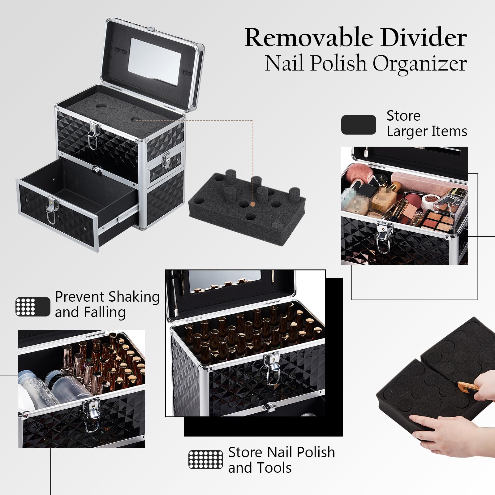 Frenessa Lockable Nail Polish Train Case with Mirror & Drawers - Professional Manicure Organizer, Makeup Storage Box for Salon & Travel - Black | Perfect for Nail Technicians & Beauty Enthusiasts