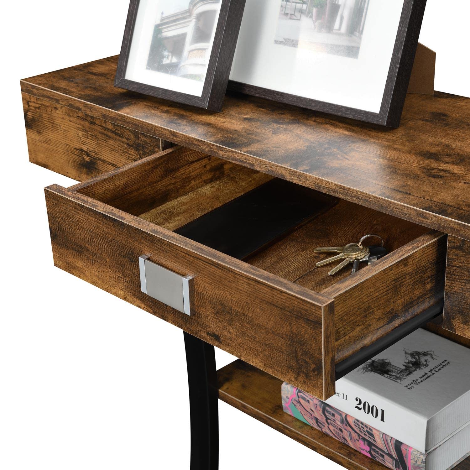 Convenience Concepts Newport Console Table with Shelves - Rustic Barnwood & Black Finish - Perfect for Entryway, Living Room, or Hallway Decor