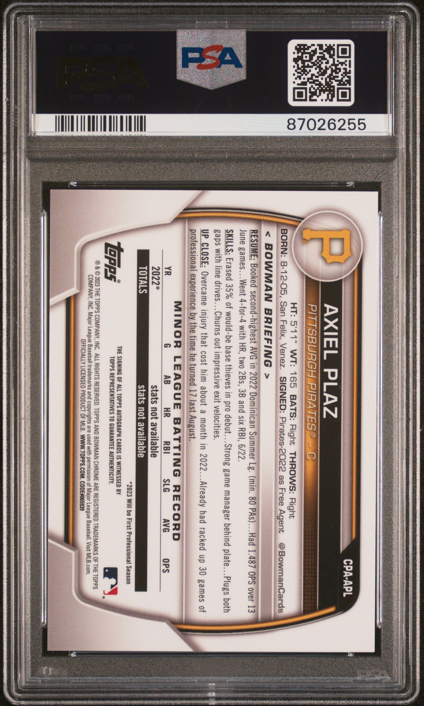 2023 Bowman Chrome Prospect PSA 10 Axiel Plaz Orange Shimmer Autograph 24/25 - Rare Baseball Trading Card for Collectors & Investors - Perfect for Sports Memorabilia Collections and Investment Portfolios