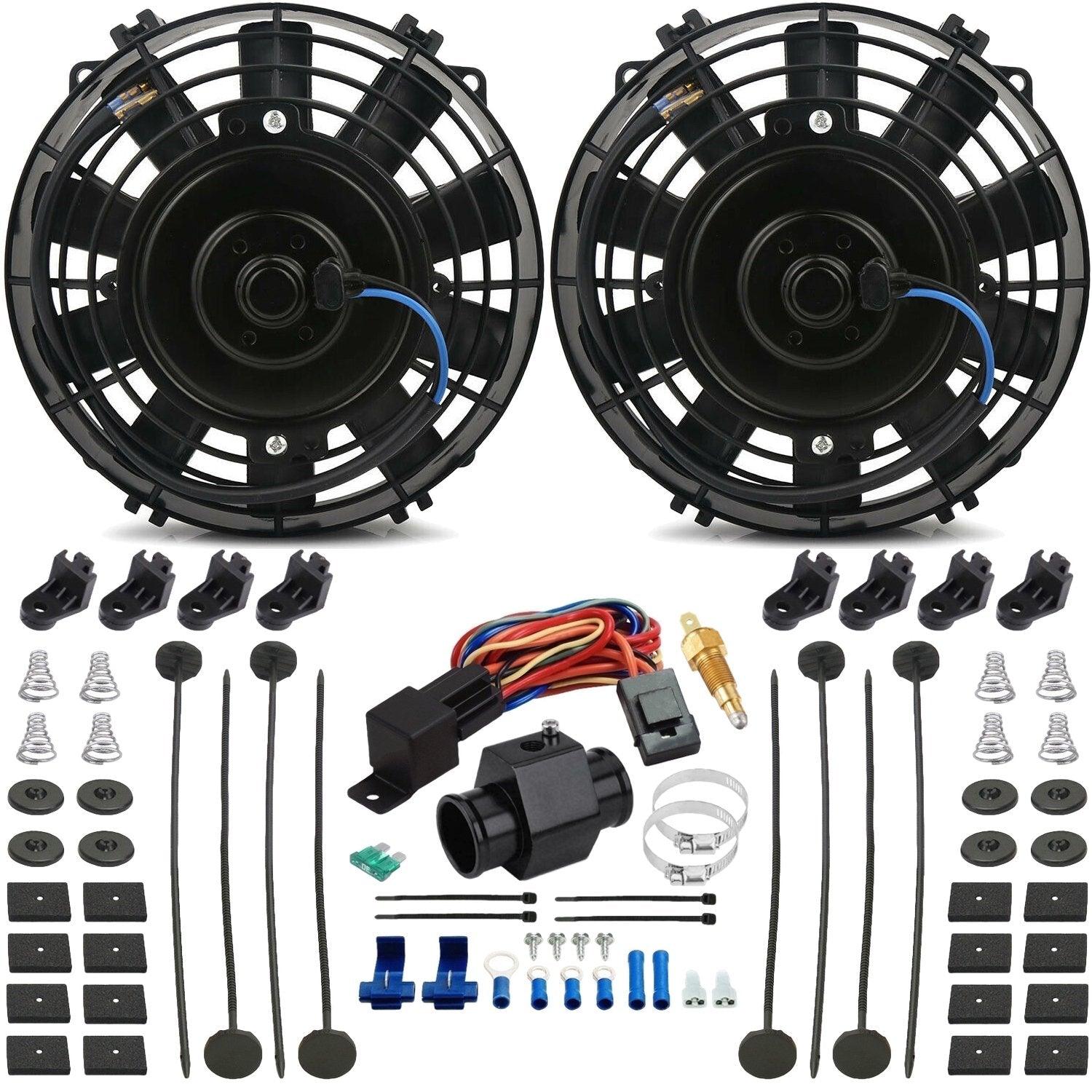 90W Dual 7-8 Inch Electric Fan Kit with Hose Grounding and Thermostat Switch - Perfect for Car Engine Cooling & Home Ventilation