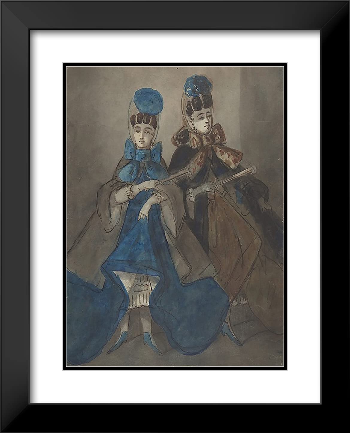 Constantin 20x24 Inch Black Modern Framed Art Print - Two Women with Fans Painting - Double Matting Wall Decor for Living Room, Bedroom & Office
