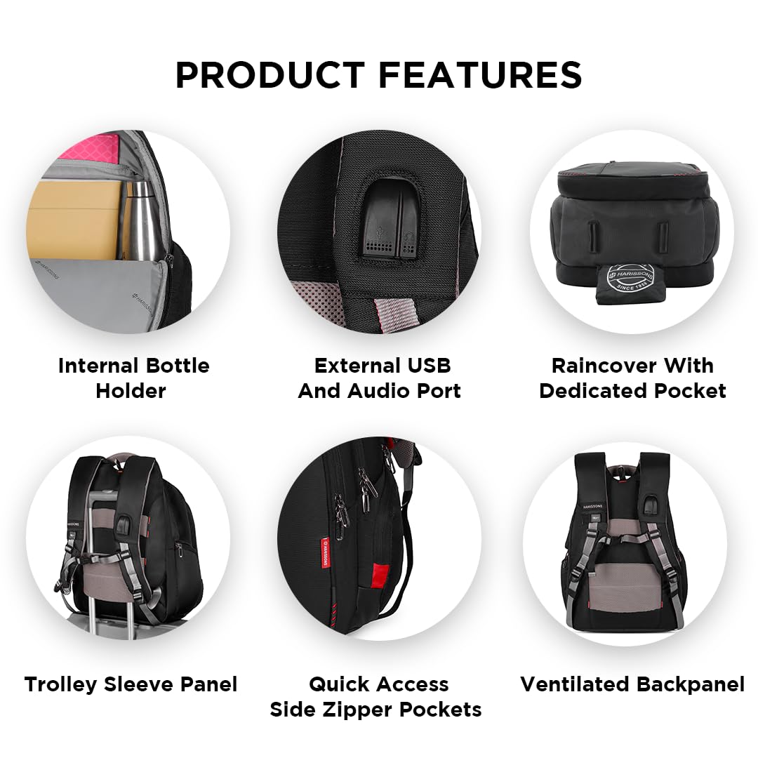 Harissons 45L Business Laptop Backpack for Men & Women - Waterproof Travel Backpack with USB Charging Port & Rain Cover - Perfect for Office, Commuting & Weekend Trips - Sirius Black Weekender Bag