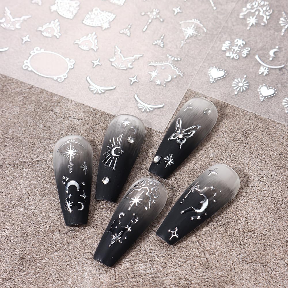 3D Silver Nail Stickers - Elegant Star, Moon, Sun & Butterfly Designs for DIY Nail Art | Perfect for Party, Wedding, Prom & Special Occasion Nail Decor
