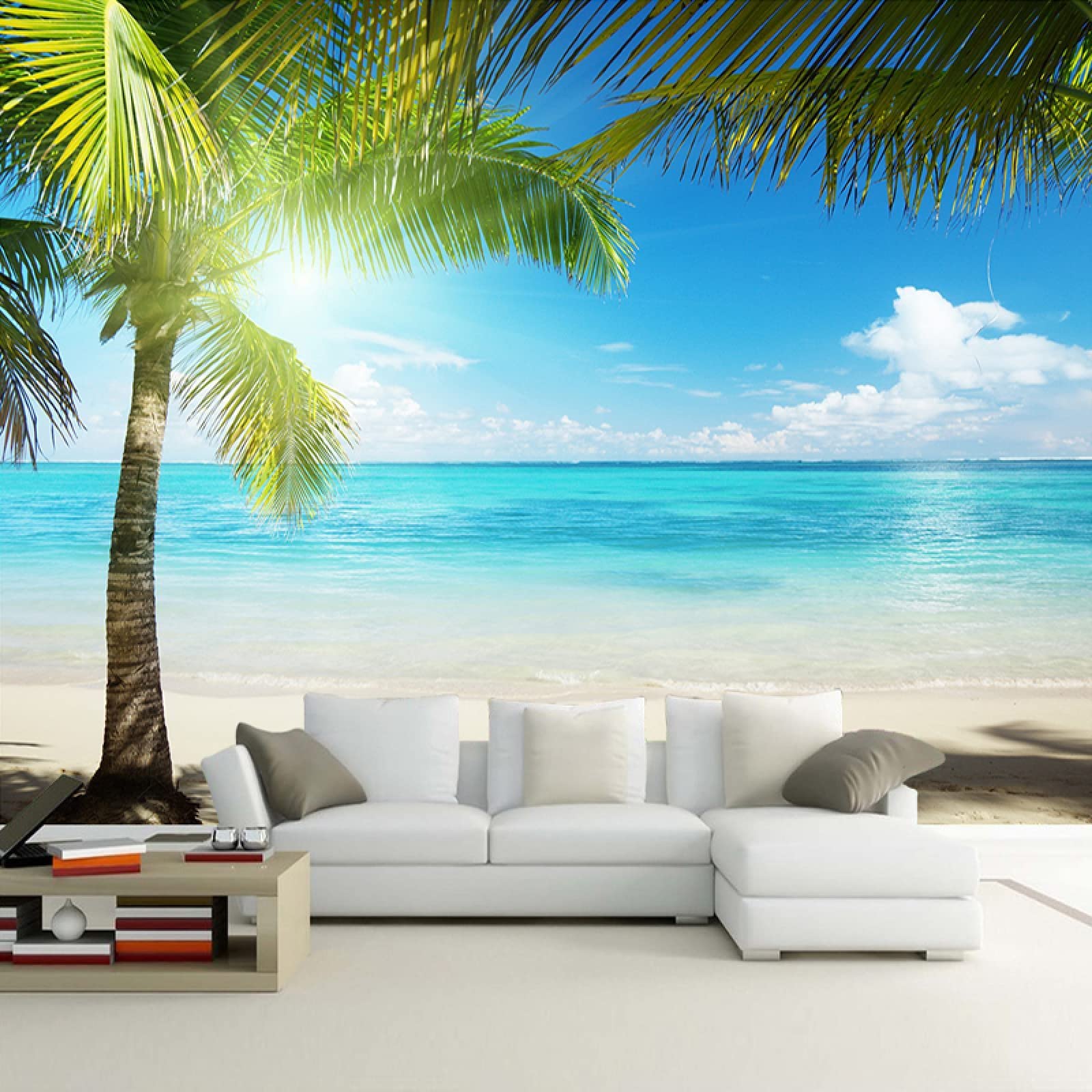 3D Modern Art Sandy Beach Coconut Tree Landscape Wall Mural - Ocean Panoramic Wallpaper for Living Room & Bedroom Decor (154