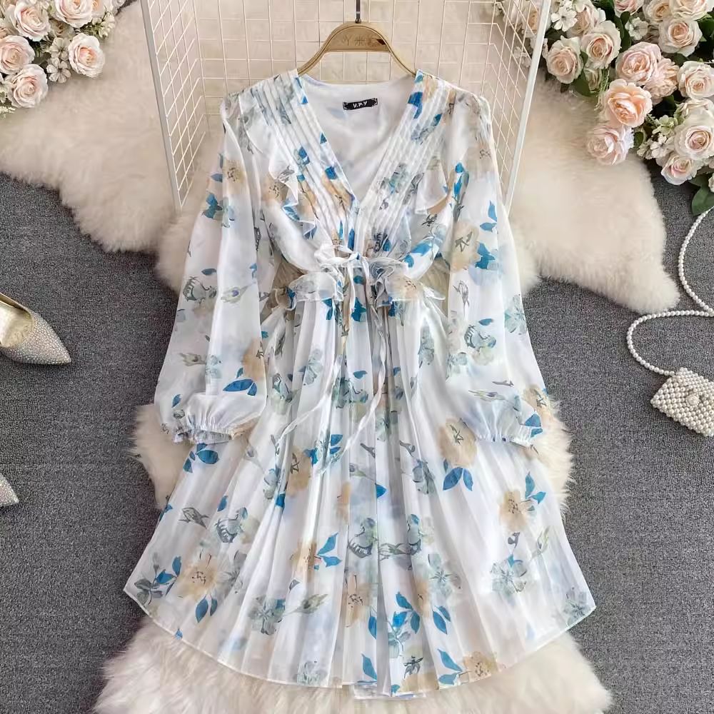 Elegant Autumn Retro V-Neck Long Sleeve Floral Chiffon Dress - A-Line Flowy Style for Women | Perfect for Fall Weddings, Parties & Date Nights