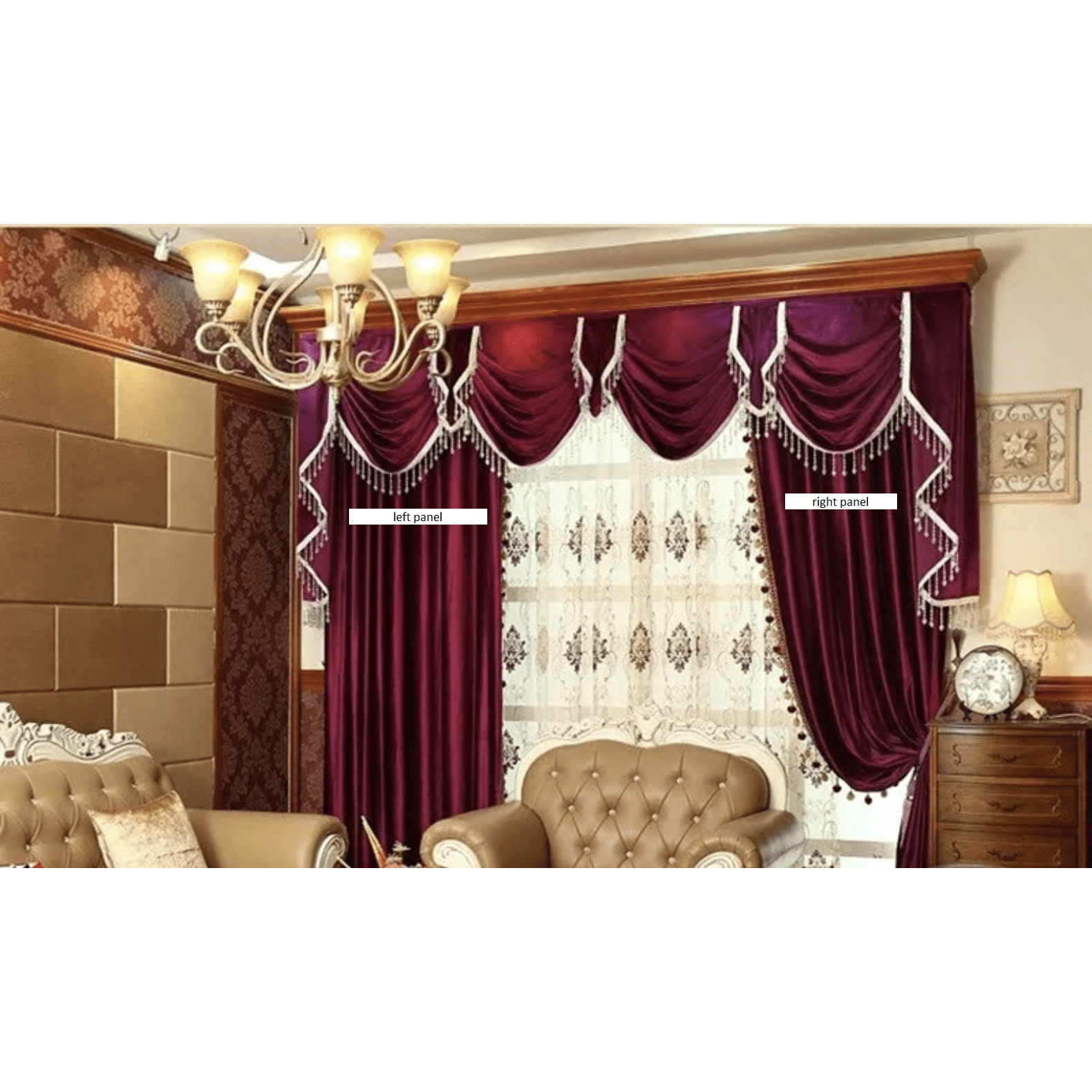 Luxury Mila Haute Couture Italian Velvet Curtains with Pompom Lace Trim - Burgundy Wine Red - Perfect for Living Room, Bedroom & Wedding Decor