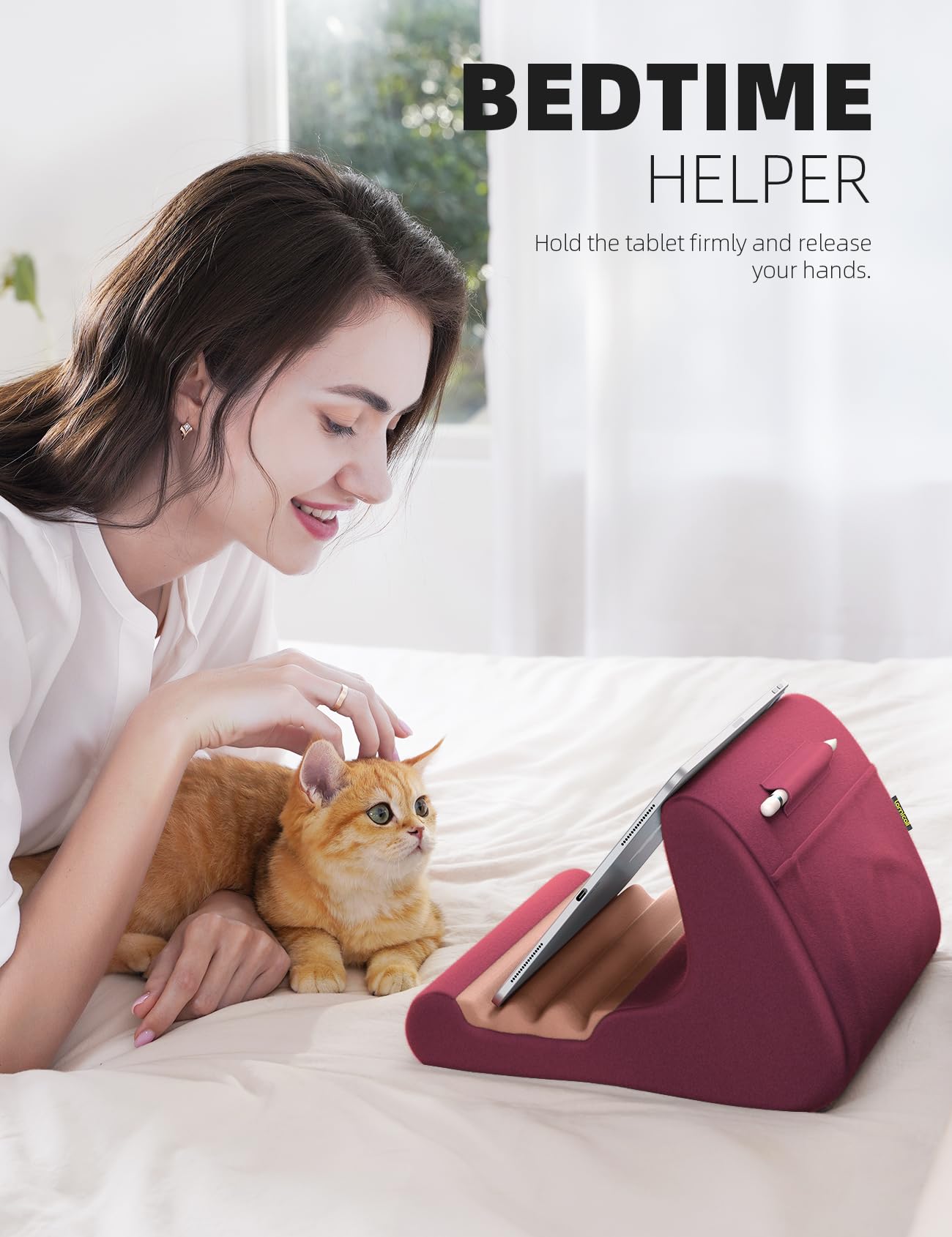 Lamicall Tablet Holder Stand with Soft Pillow Pad - Adjustable Bed & Lap Stand for iPad Pro 12.9/Air/Mini, Kindle, Galaxy Tab (4-13 Inch) - Includes Stylus Mount & Storage Pocket - Dark Red - Perfect for Reading, Watching Movies & Hands-Free Use in Bed/Couch/Travel