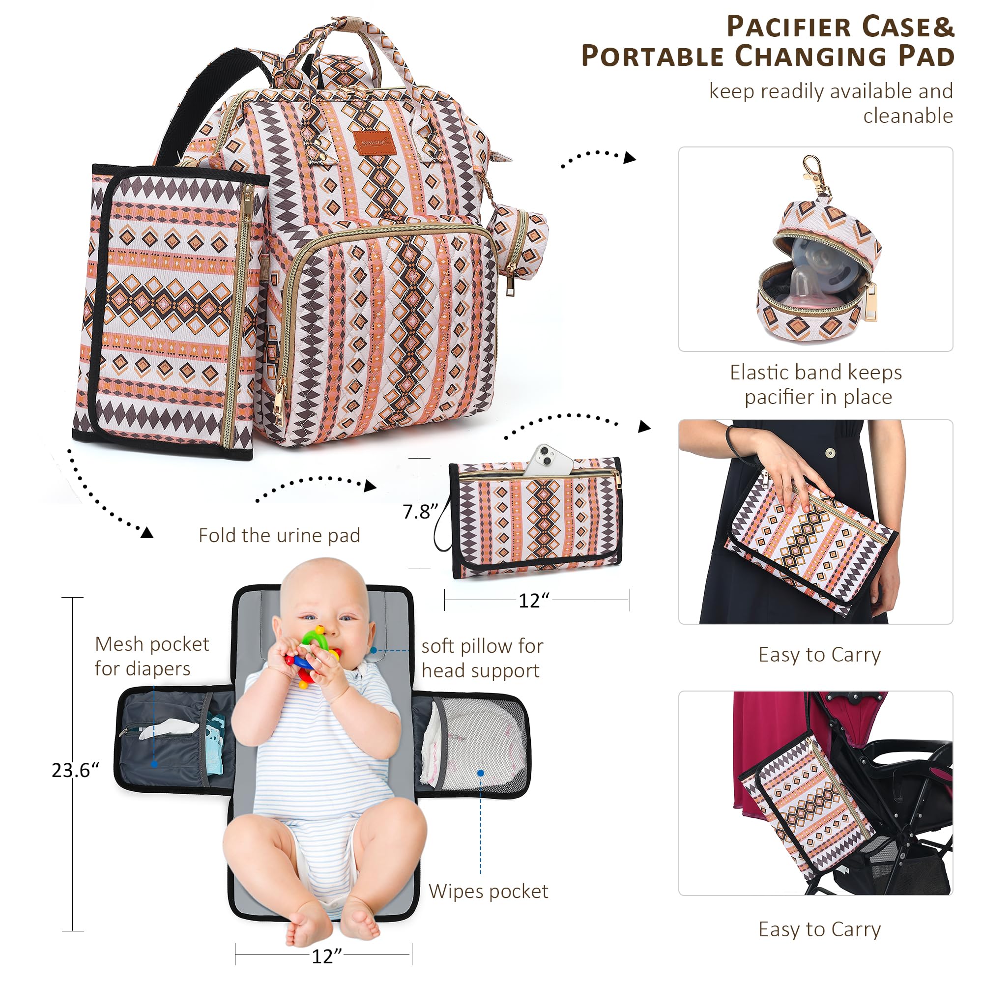 Stylish Western Boho Diaper Backpack for Moms - 35L Large Baby Bag with Changing Pad & Pacifier Case - Perfect for Boys, Girls & Toddlers - Ideal Baby Shower Gift & Travel Essential (White) - Great for Daycare, Park Outings & Family Vacations