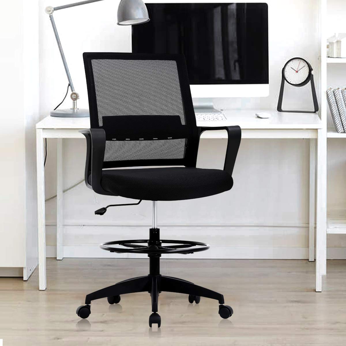 Ergonomic Drafting Chair with Adjustable Foot Ring & Mid-Back Mesh - Black Office Chair with Lumbar Support for Standing Desks, Computer Work & Reception Areas - Perfect for Architects, Designers & Long Work Sessions