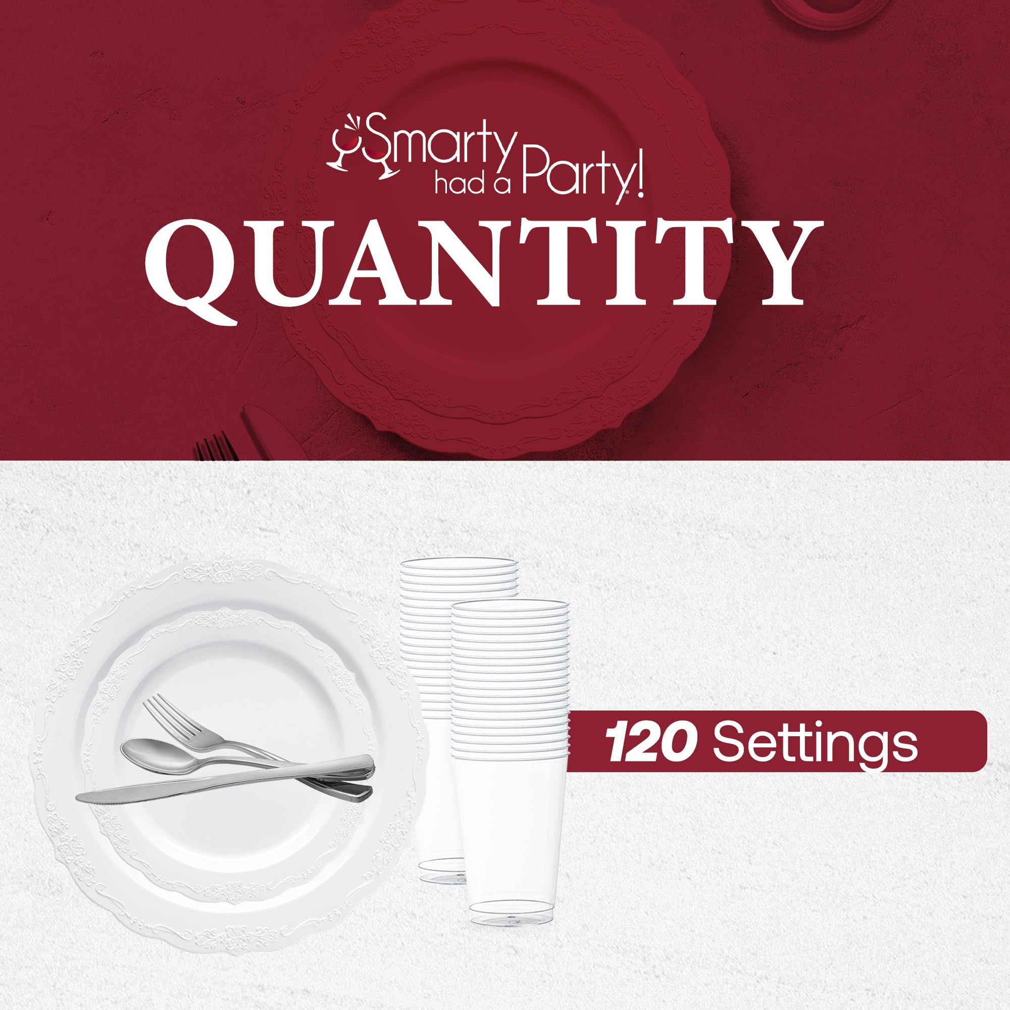Elegant Plastic Plates Wedding Value Set for 120 Guests - White & Silver Disposable Dinnerware with Silverware & Clear Cups | Smarty Had A Party | Perfect for Weddings, Bridal Showers & Formal Events