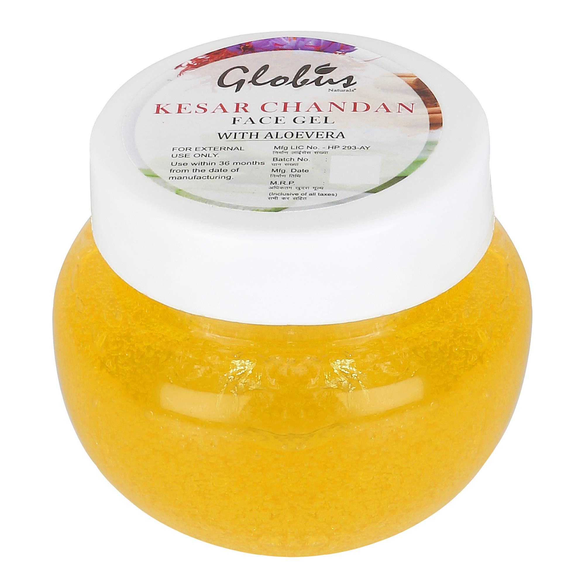 Globus Naturals Kesar Chandan Face Gel with Aloe Vera - 100g | Saffron & Sandalwood Hydrating Face Gel for Glowing Skin | Perfect for Daily Skincare & Nighttime Routine