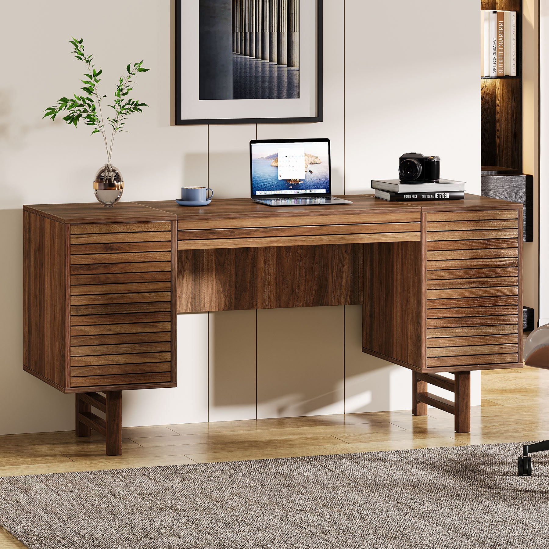 Solid Wood Computer Desk - 59 Inch Home Office Desk with Storage Drawers, Ergonomic Study Desk for Work from Home & Remote Learning