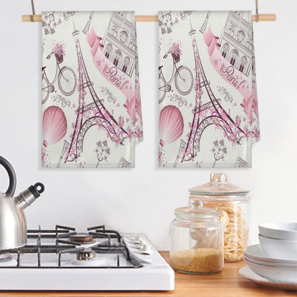 AUUXVA Paris Eiffel Tower Kitchen Towels Set of 2 - Absorbent Dish Cloths with Hanging Loop, French Themed Tea Towels & Hand Towels for Kitchen, Dining, Housewarming Gift, New Home Decor