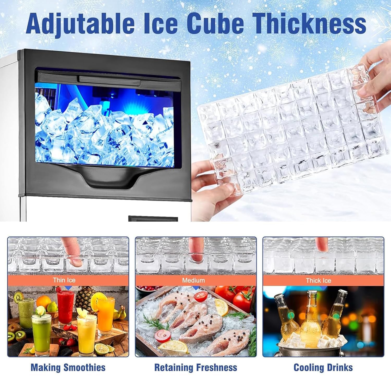 Commercial Ice Maker Machine 100 Lbs/24H, Stainless Steel Freestanding Ice Machine with 33LBS Storage Bin - Fast Ice Production in 5-15 Minutes - Under Counter Ice Maker for Restaurants, Bars, Coffee Shops & Home Use - Perfect for Beverage Service, Parties & Commercial Kitchens - Ideal for Cocktail Bars, Outdoor Events, and Catering Services
