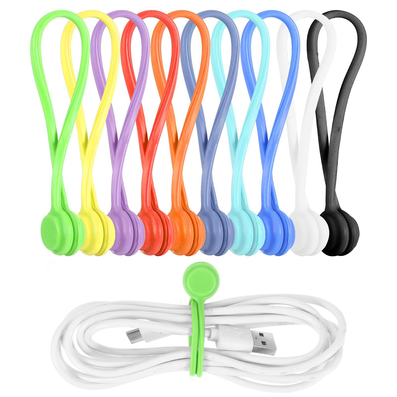 10 Pack Reusable Magnetic Cable Ties - Silicone Cord Organizer for Charging Cables, Small Electronics & Home Office - Multicolor Twist Ties for Fridge, Desk & Wall Organization (Cable Management & Hanging Accessories)