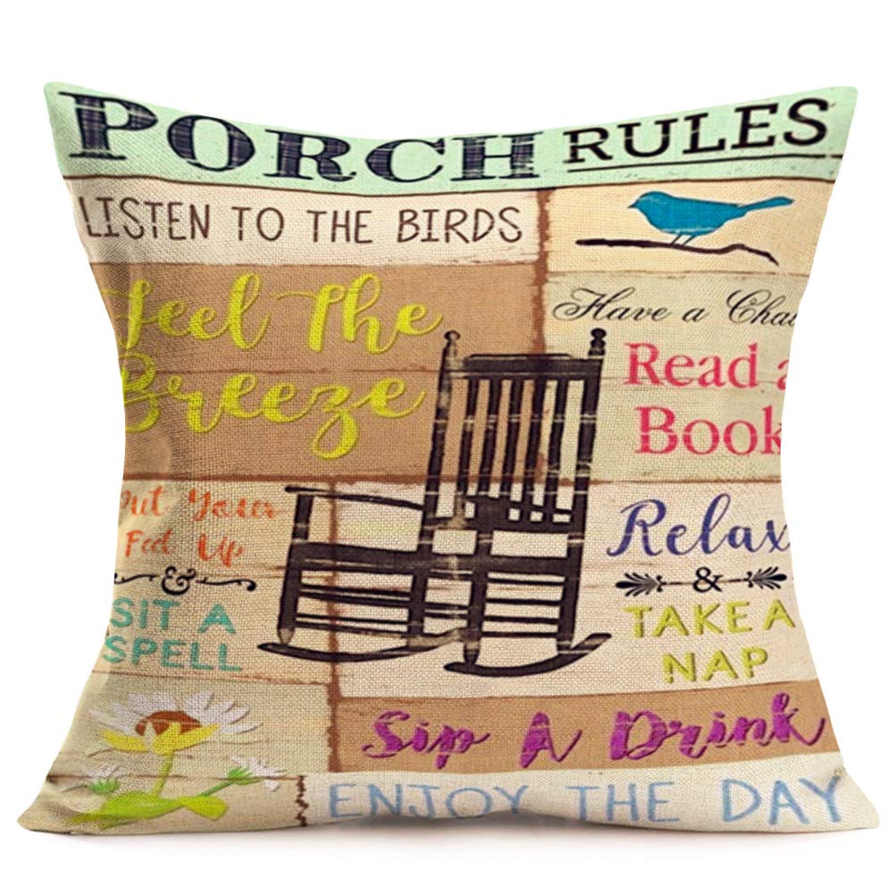 Vintage Porch Rules Lettering Pillow Covers 24x24 Inch - Farmhouse Decor Outdoor Cushion for Rocking Chairs, Patio Furniture & Porch Swings - Waterproof & UV Resistant for All-Weather Use