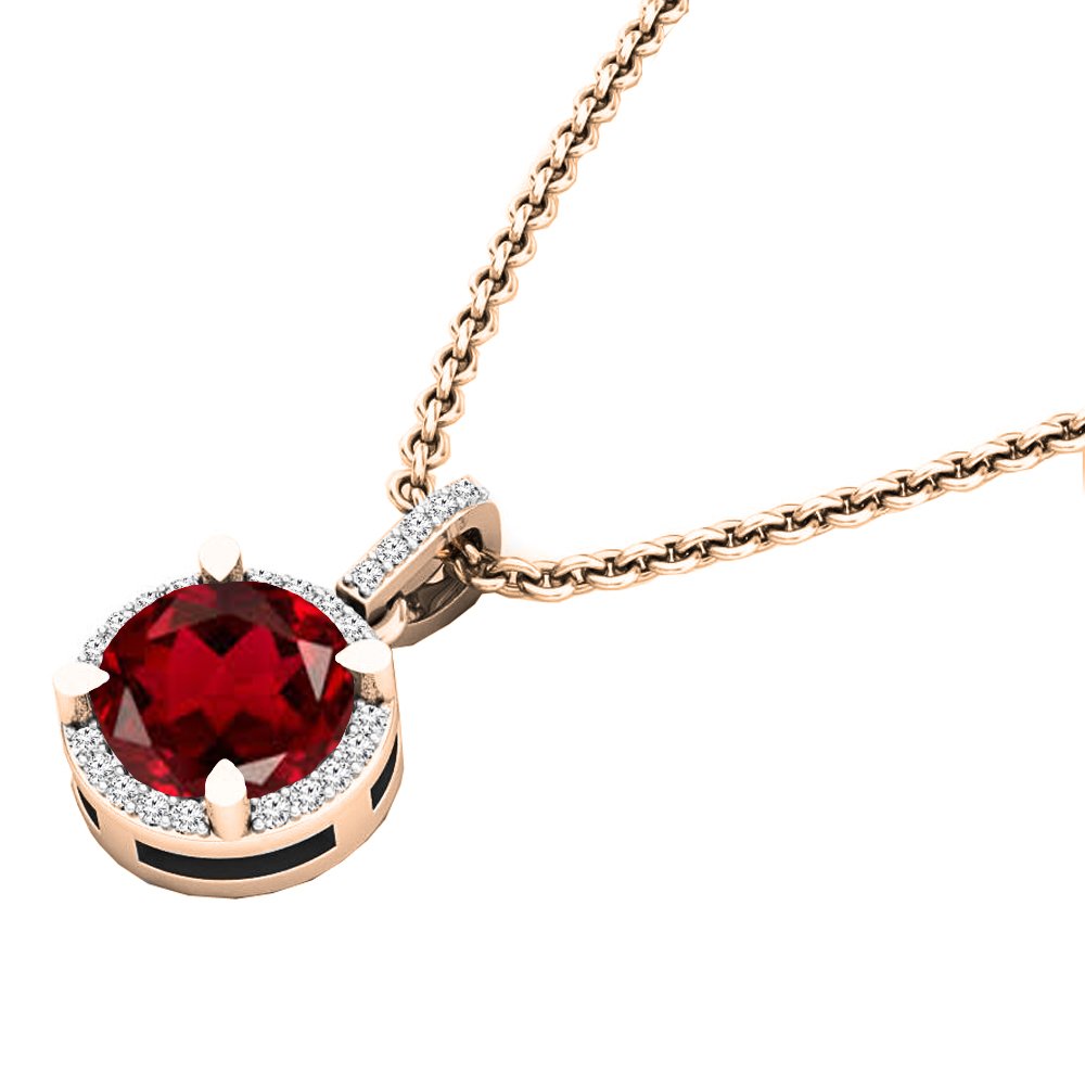 6.5mm Round Gemstone & White Diamond Women's Halo Pendant Necklace - 10K Solid Rose Gold with Chain - Elegant Jewelry Gift for Her - Perfect for Weddings, Anniversaries & Special Occasions