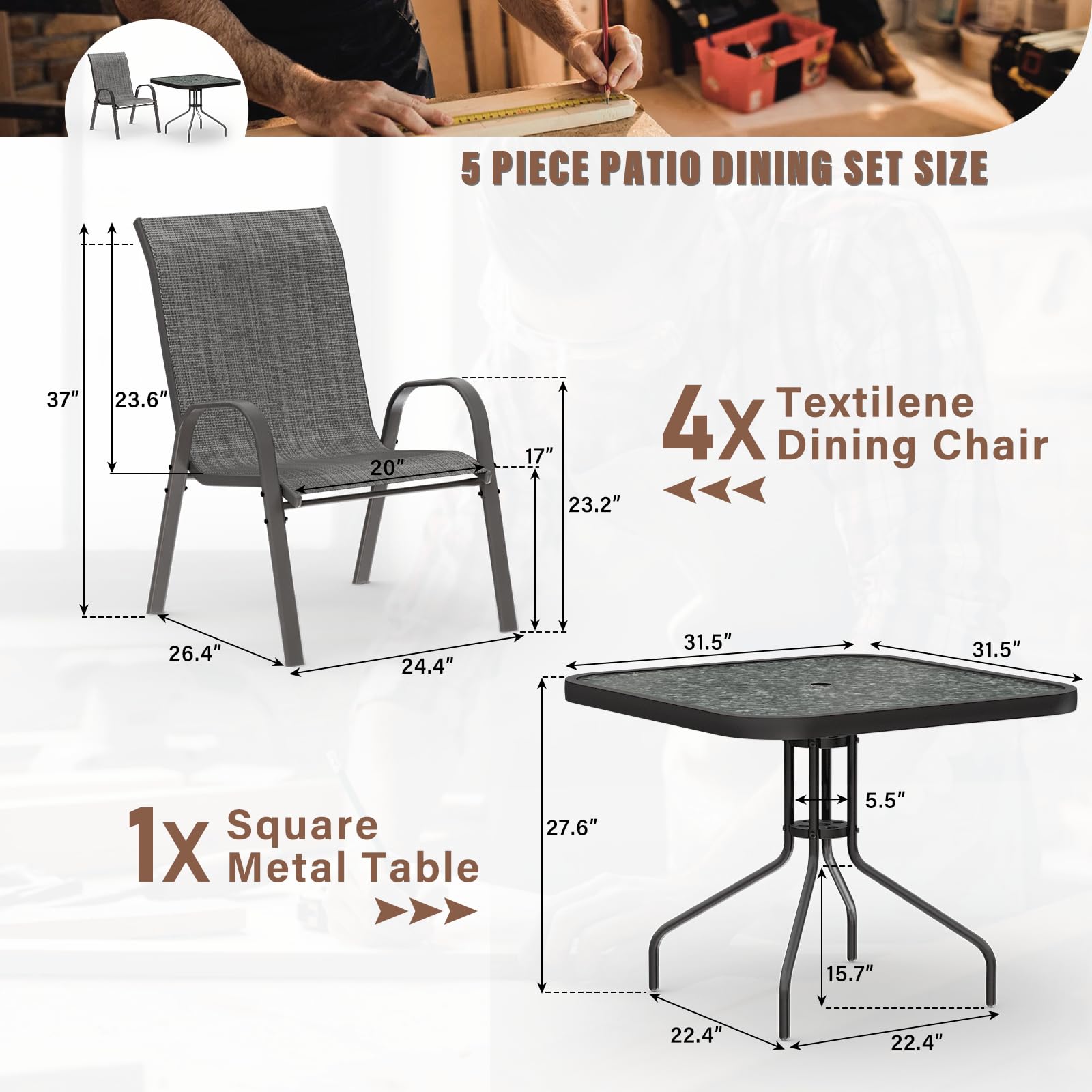 Amopatio 5-Piece Outdoor Dining Set with Textured Glass Tabletop & 4 Stackable Chairs - Patio, Balcony, Porch, Lawn Furniture - Dark Grey | Perfect for Backyard BBQs, Garden Parties & Outdoor Entertaining