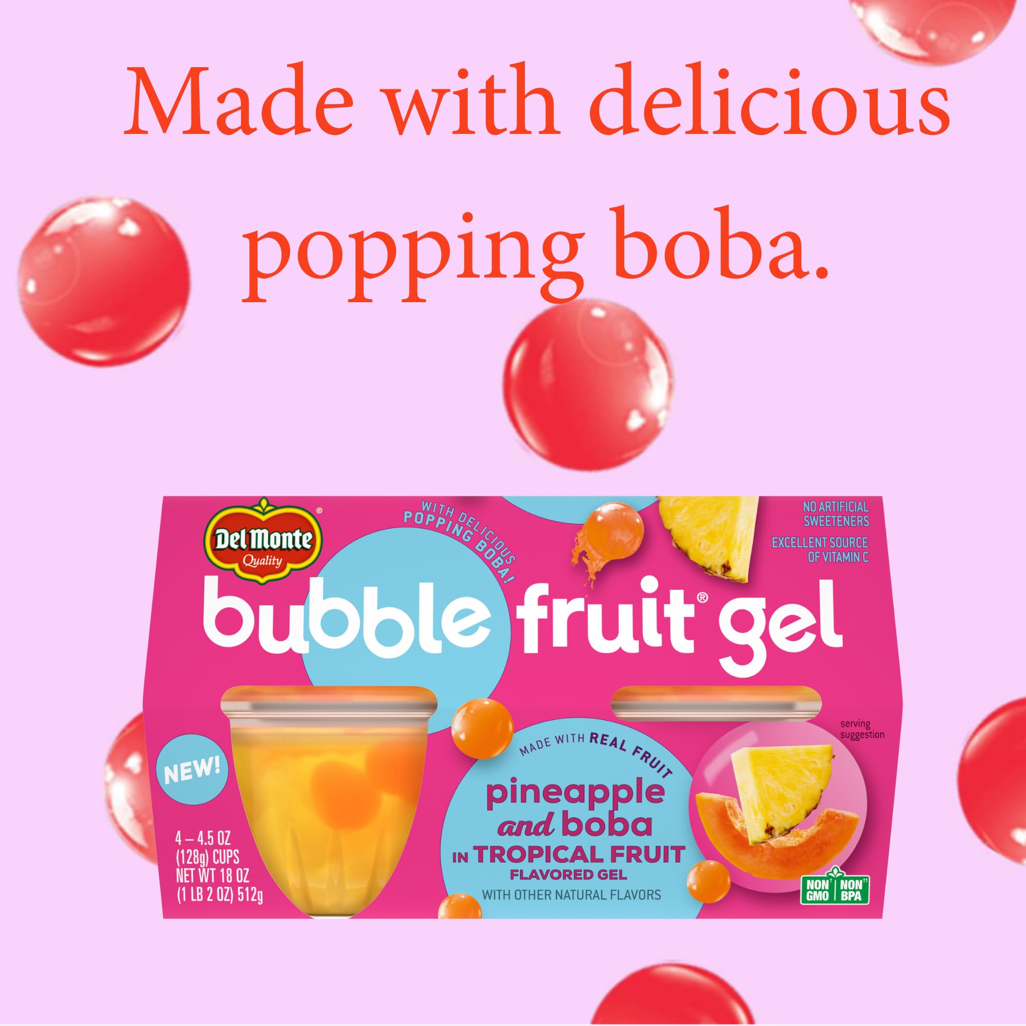 Del Monte Bubble Fruit Gel with Pineapple & Boba in Tropical Fruit Flavors, 4.5oz (24 Count) | Real Fruit Juice & Popping Boba Pearls | Healthy Lunch Snacks, School Lunch, Office Snacks, Party Treats & Fruit Cups for Kids & Adults