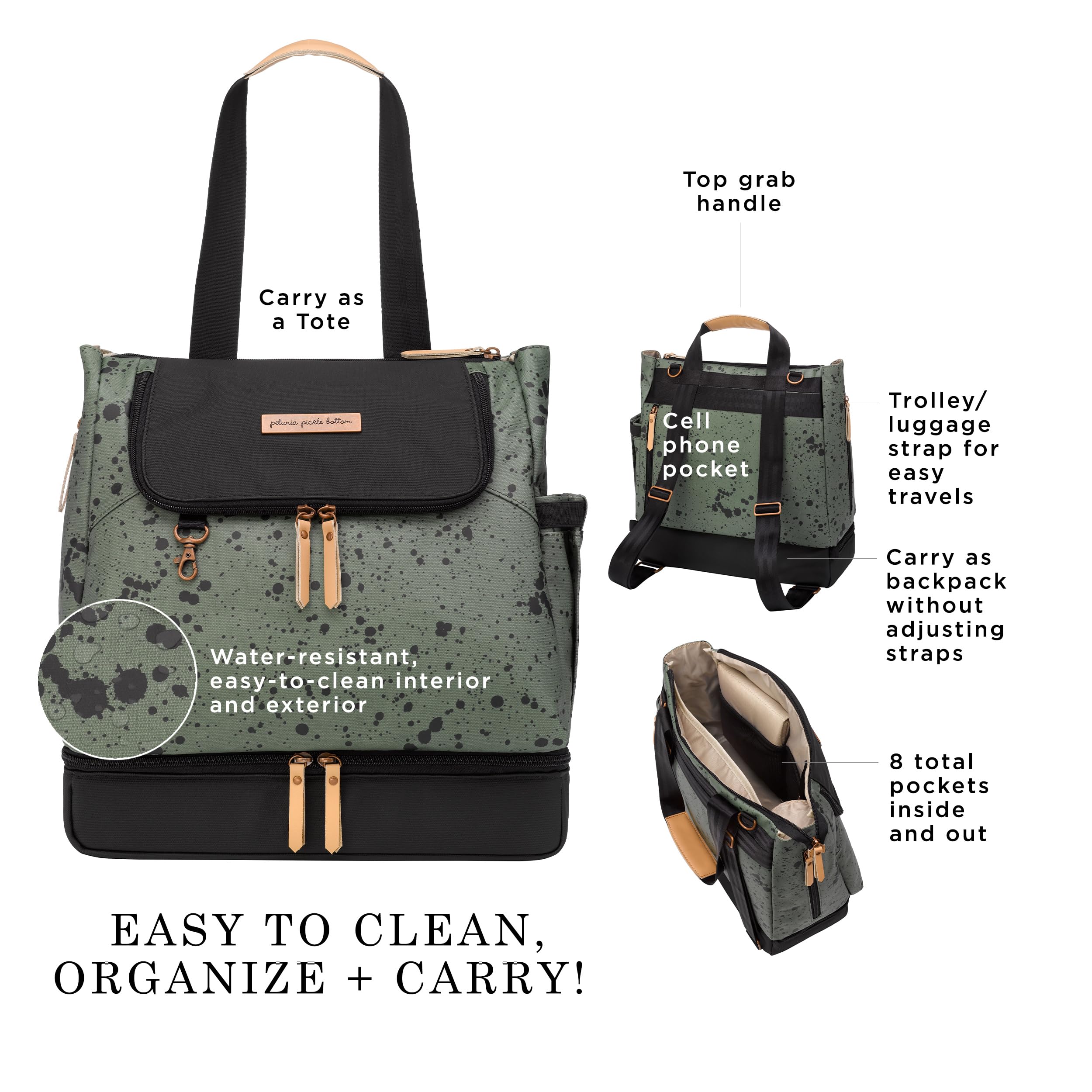 Petunia Pickle Bottom Pivot Backpack - Convertible Diaper Bag with Insulated Pockets & Spacious Interior | Olive Ink Blot | Perfect for Moms, Travel & Daily Use