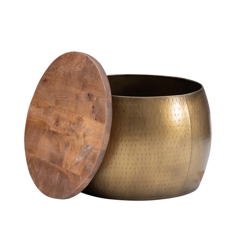 Powell Furniture Linon Reid Large Wood and Metal Drum Side Table with Storage in Brass - Perfect for Living Room, Bedroom, or Office as End Table, Nightstand, or Accent Table