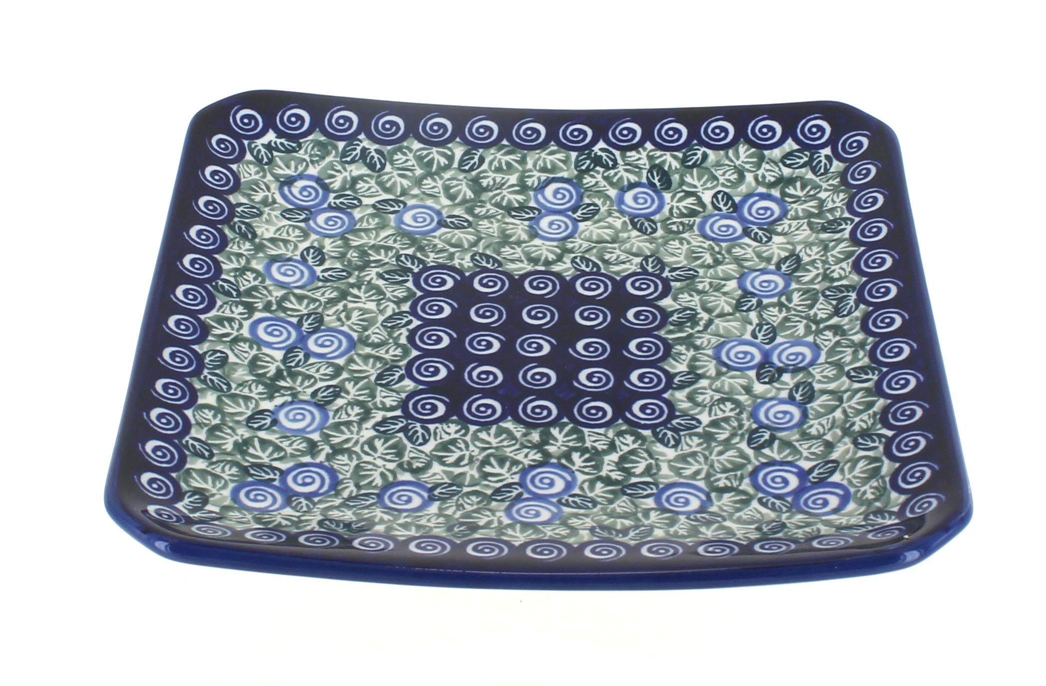 Handmade Blue Rose Polish Pottery Seaside Swirl Square Dessert Plate - Elegant Cake Plate for Afternoon Tea, Wedding Desserts & Home Decor