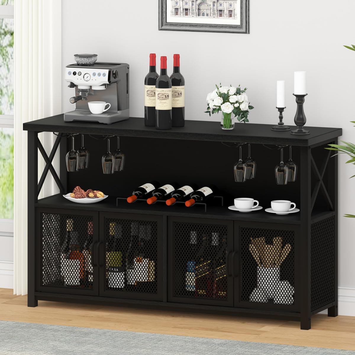 LVB Black Coffee Bar Cabinet - Modern Liquor Cabinet with Wine Rack Storage for Kitchen, Dining Room & Home Bar - Farmhouse Style Sideboard Buffet for Wine Glasses & Bottles Organization - Perfect for Entertaining Guests & Stylish Home Decor (47