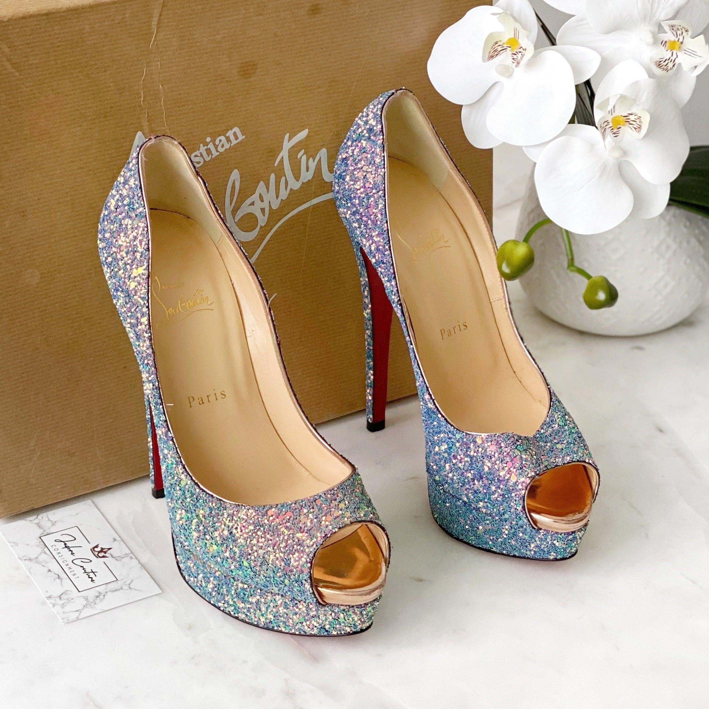Christian Louboutin Dragonfly Glitter Lady Peep Pumps Size 38.5 - Luxury High Heels for Women, Perfect for Evening Parties, Weddings & Special Occasions