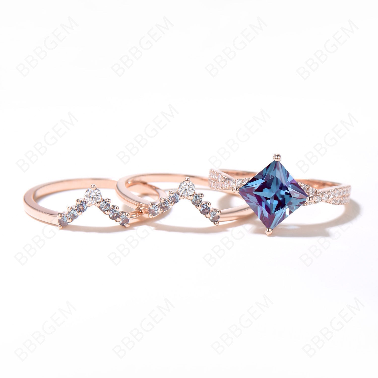 3-Piece Alexandrite Engagement Ring Set | Infinity Twist Moissanite & Diamond Wedding Ring in 14K Rose Gold | Princess Cut Alexandrite Bridal Jewelry Set for Proposals, Anniversaries & Special Occasions