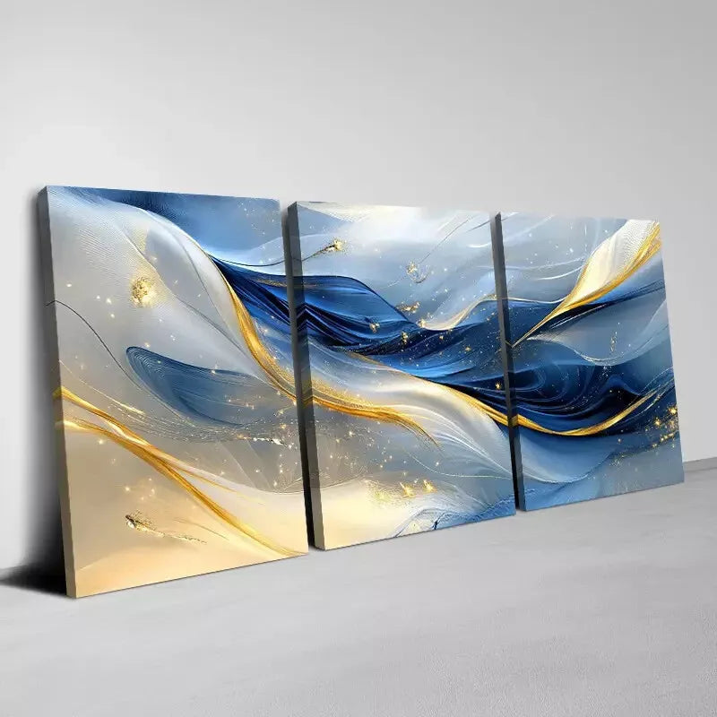 3-Piece Elegant Abstract Blue & Gold Line Wall Art Set - Framed Canvas 50x70cm (20x28in) - High Quality Print - Ready to Hang - Australian Made - Perfect for Living Room, Bedroom & Office Decor