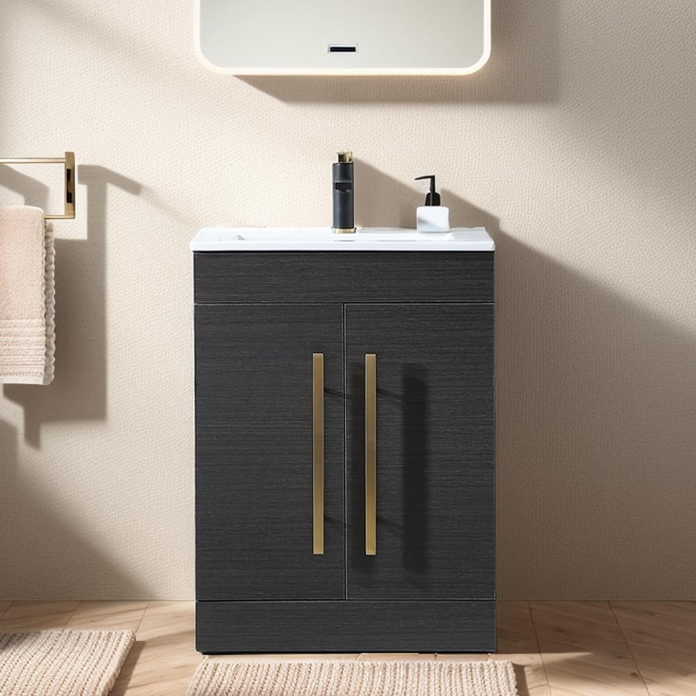24 Inch Modern Bathroom Vanity with Sink - Small Space Black & Grey Cabinet with 2 Doors & Gold Handles | Perfect for Compact Bathrooms, Powder Rooms & Apartment Renovations