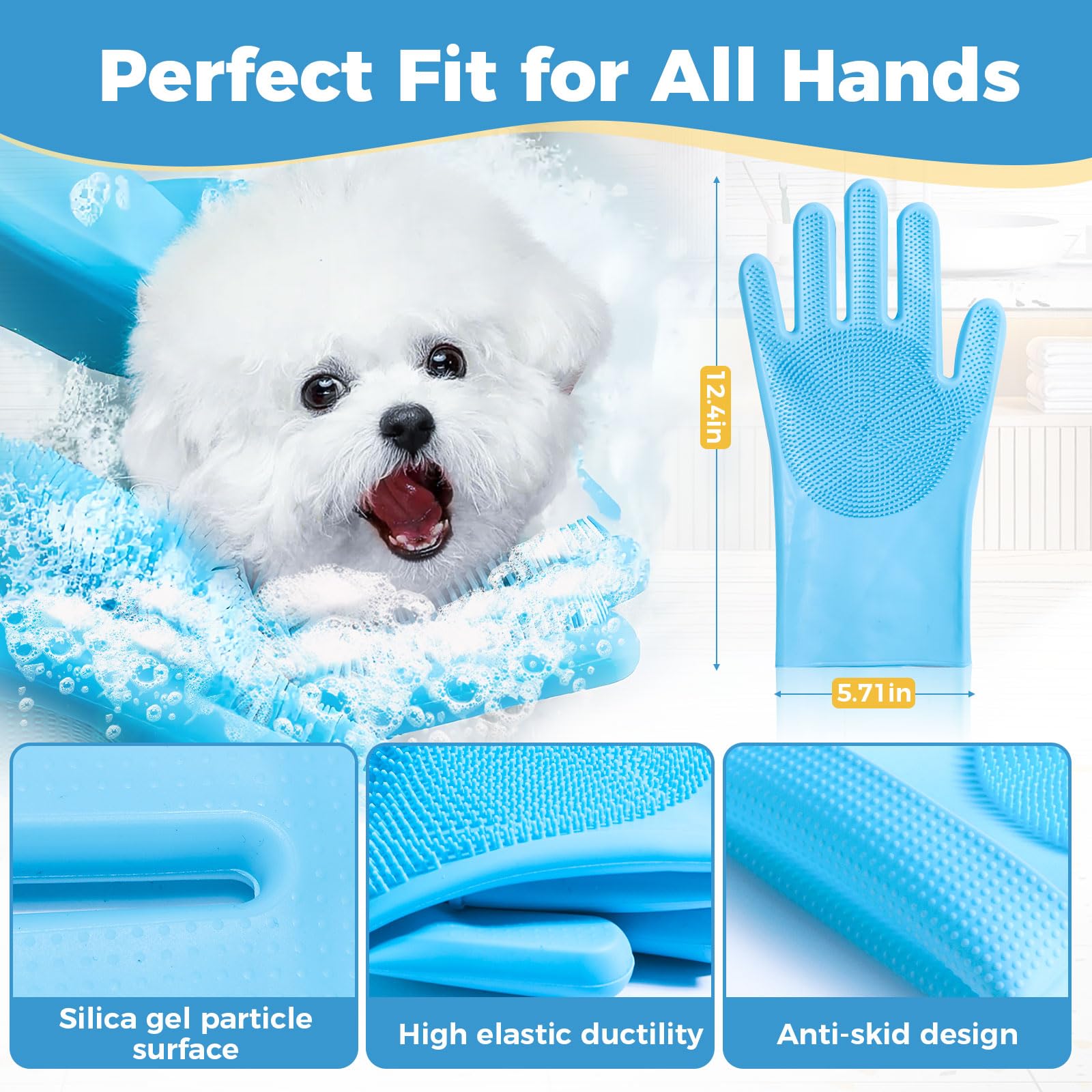 Pet Grooming Gloves - Silicone Bristle Dog Bathing Gloves for Washing, Massaging & Hair Removal - Heat Resistant 5-Finger Design for Dogs & Cats - Perfect for Bath Time, Shedding Season & Relaxing Pet Care