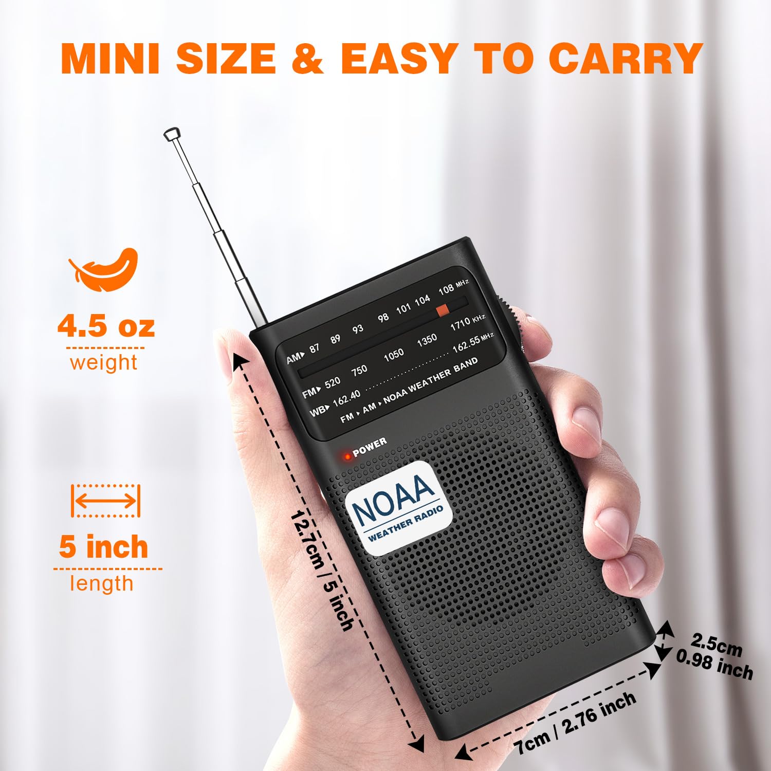 NOAA Weather Radio with Best Reception - AM/FM Portable Radio with 2 AA Batteries, Loud Speaker & Headphone Jack - Ideal for Emergency, Outdoor Camping & Home Use - Black
