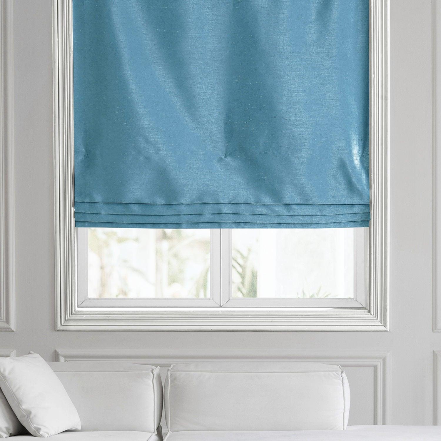 Vintage Textured Faux Dupioni Silk Roman Shade in Nassau Blue - Elegant Window Treatment for Living Room, Bedroom & Home Decor