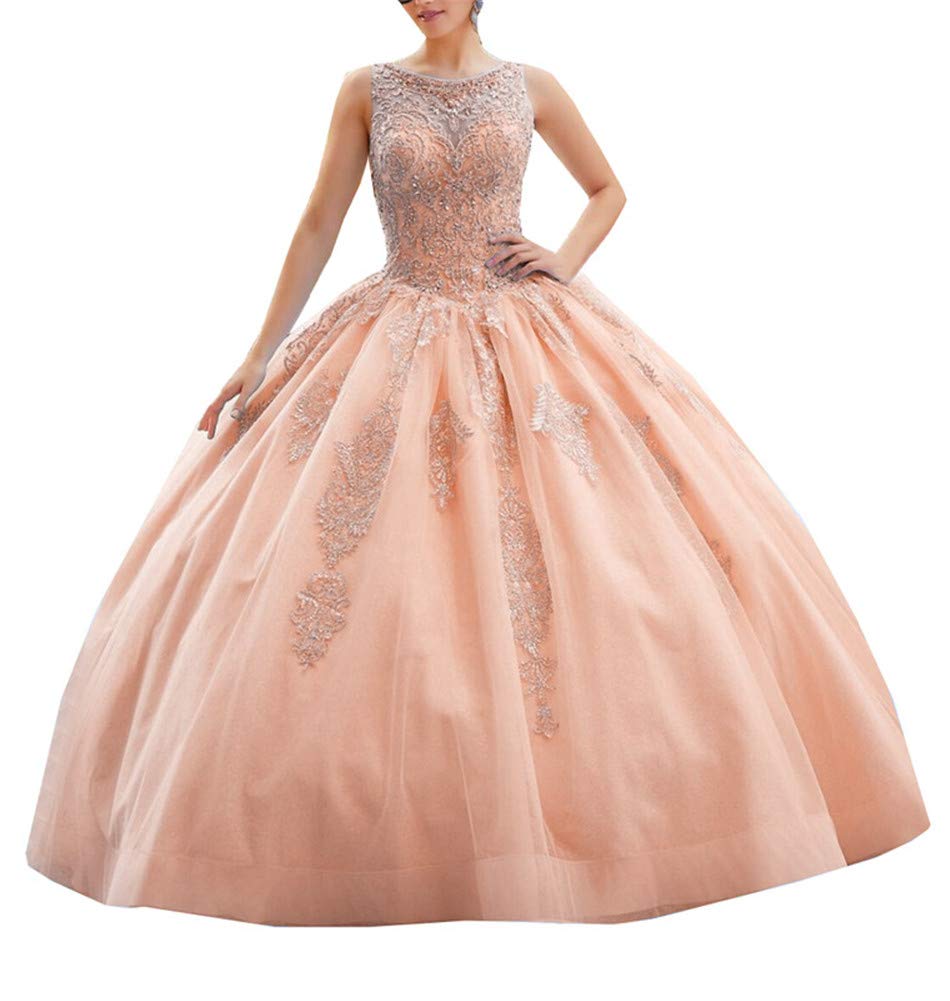 Elegant Women's Scoop Neck Beaded Quinceañera Dress - Appliqued Sweet 16 Party Gown for Quinceañeras, Debutantes & Special Occasions | Perfect for Birthday Celebrations, Formal Dances & Coming-of-Age Ceremonies