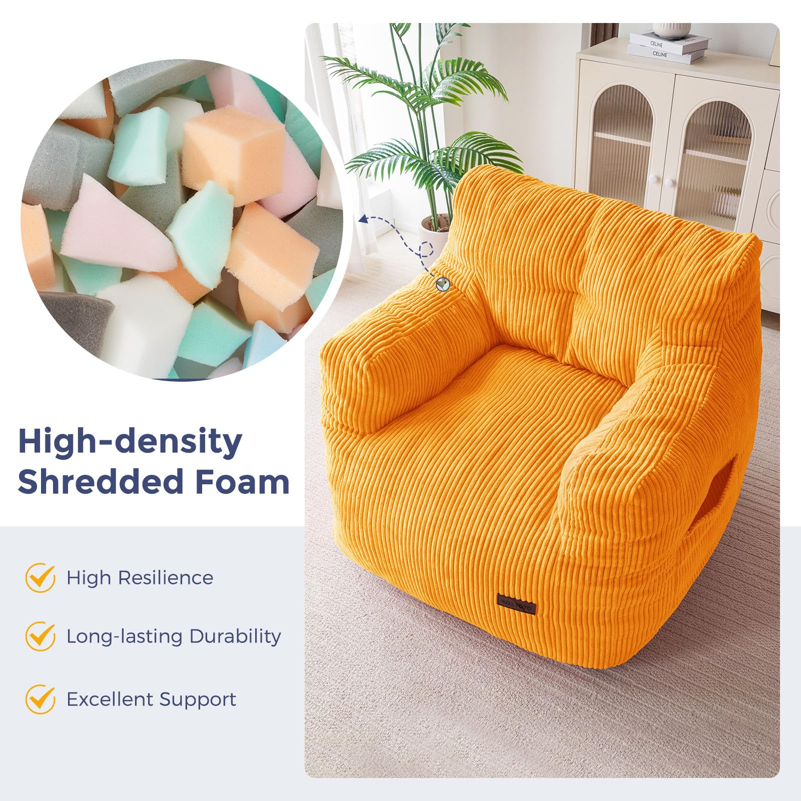 MAXYOYO Tufted Corduroy Bean Bag Chair with Filler - Comfortable Lazy Couch for Adults & Teens in Beige | Perfect for Living Room, Bedroom & Dorm Relaxation