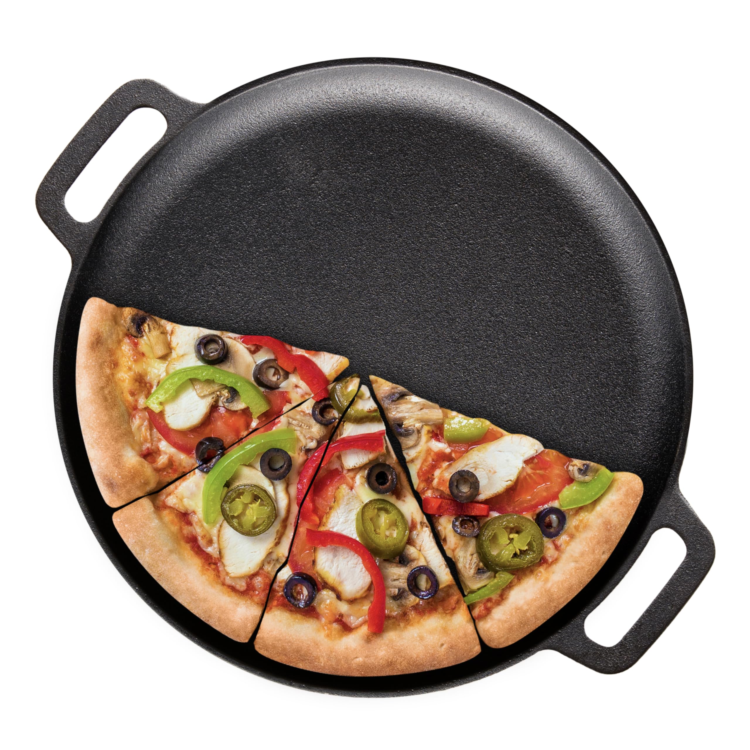 Bruntmor 12-Inch Pre-Seasoned Cast Iron Skillet Pizza Pan - Heavy-Duty Dual Handle Frying Pan for Oven, Stove & Campfire - Perfect for Outdoor Cooking, Baking & Grilling at Home, Camping or BBQ Parties