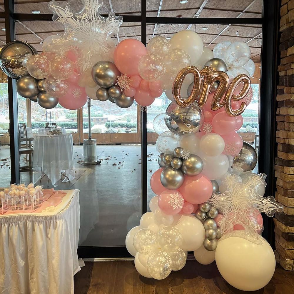 158Pcs Pink Snowflake Balloon Garland Arch Kit - Winter Wonderland Party Decorations with Metallic Silver & Red Balloons for Princess Theme, Onederland, Christmas & Baby Shower | Perfect for Indoor & Outdoor Holiday Decor, Birthday Parties & Special Events
