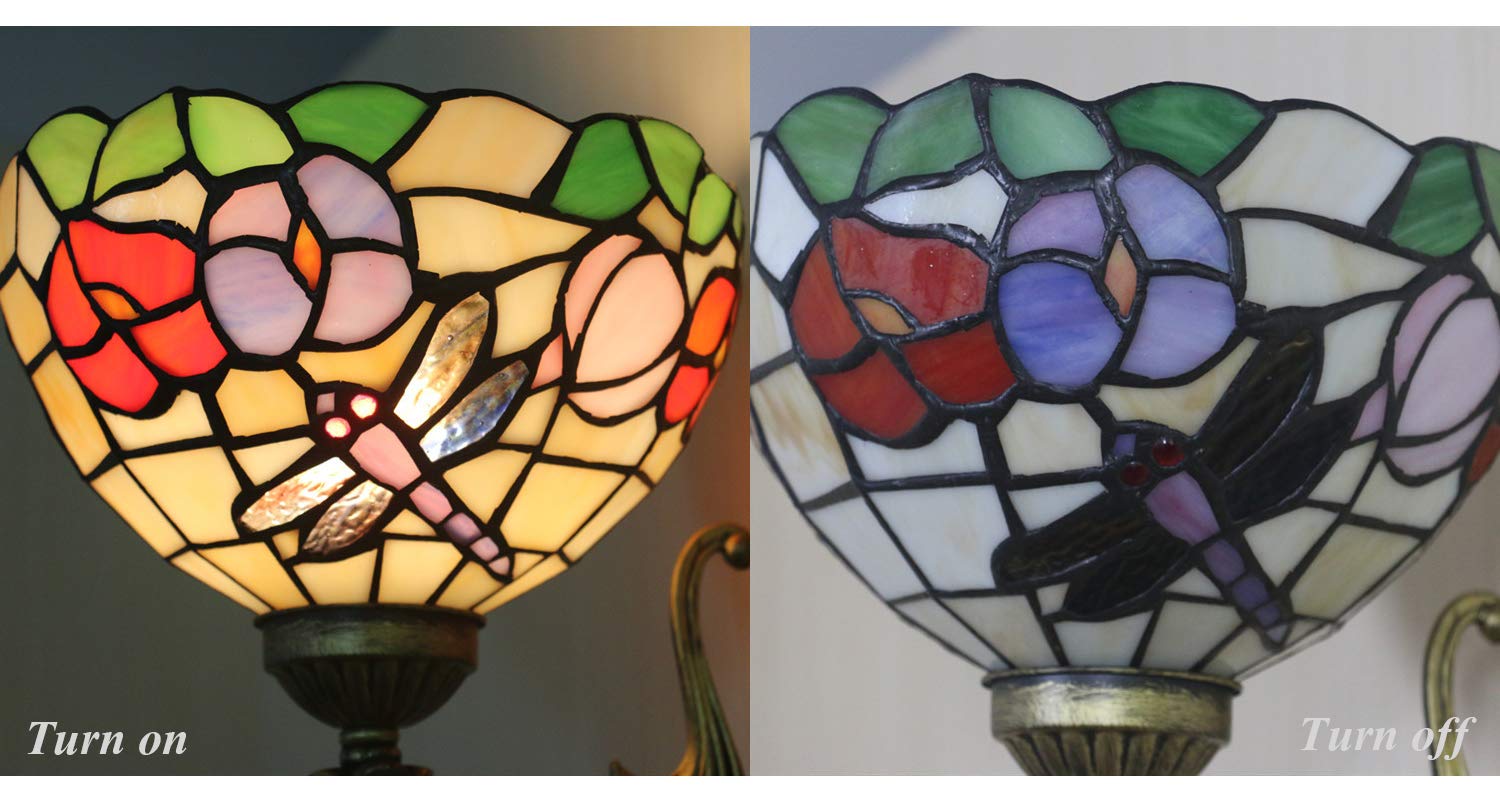 Handcrafted Tiffany Style Wall Sconce with UL Plug-in Cord - Antique Louis Comfort Tiffany Inspired Stained Glass Shade Light Fixture for Living Room, Bedroom & Hallway Decor