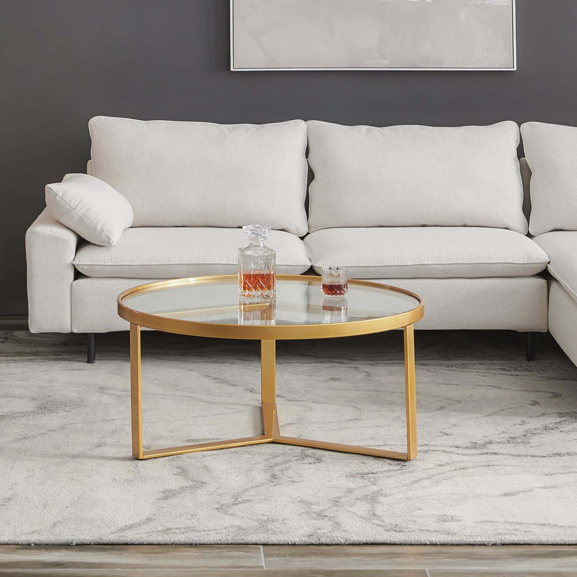 LUKYRA 31.5 Inch Modern Round Coffee Table - Golden Metal Frame with Tempered Glass Top - Accent Table for Living Room, Lounge, Office & Dorm Decor