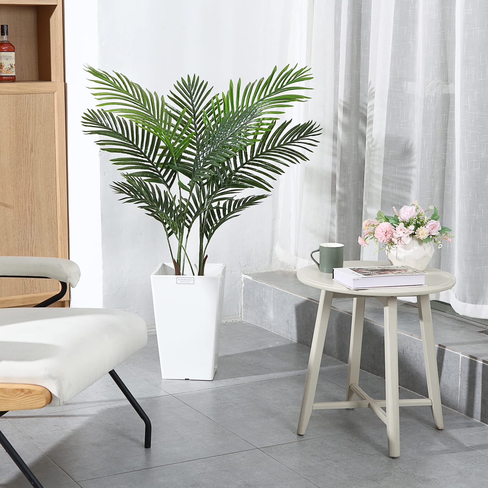 3.6 Ft Artificial Areca Palm Tree with 10 Trunks - Tropical Faux Dypsis Lutescens in Woven Seagrass Basket & Black Pot - Perfect for Home, Office, Indoor & Outdoor Decor - Great for Living Room, Patio, Balcony or Commercial Spaces
